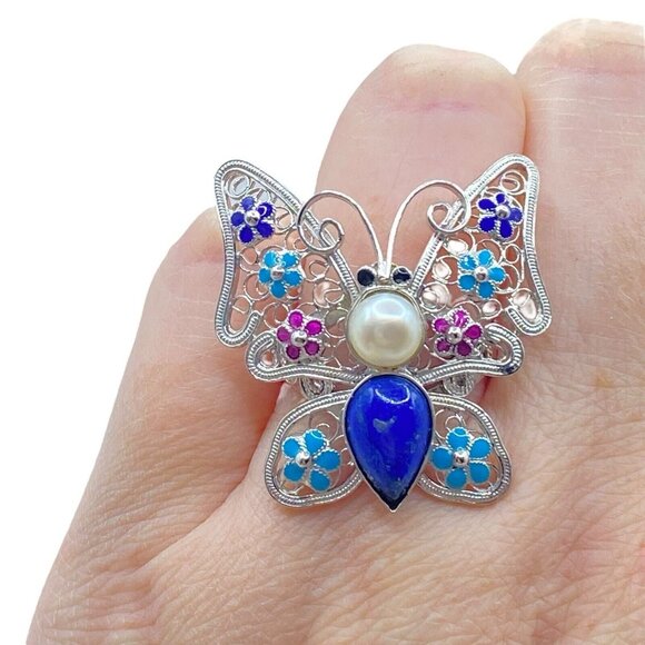 Sterling Silver Cloisonné Butterfly Ring Lapis Ring Size 8 Signed Floral - Picture 1 of 11